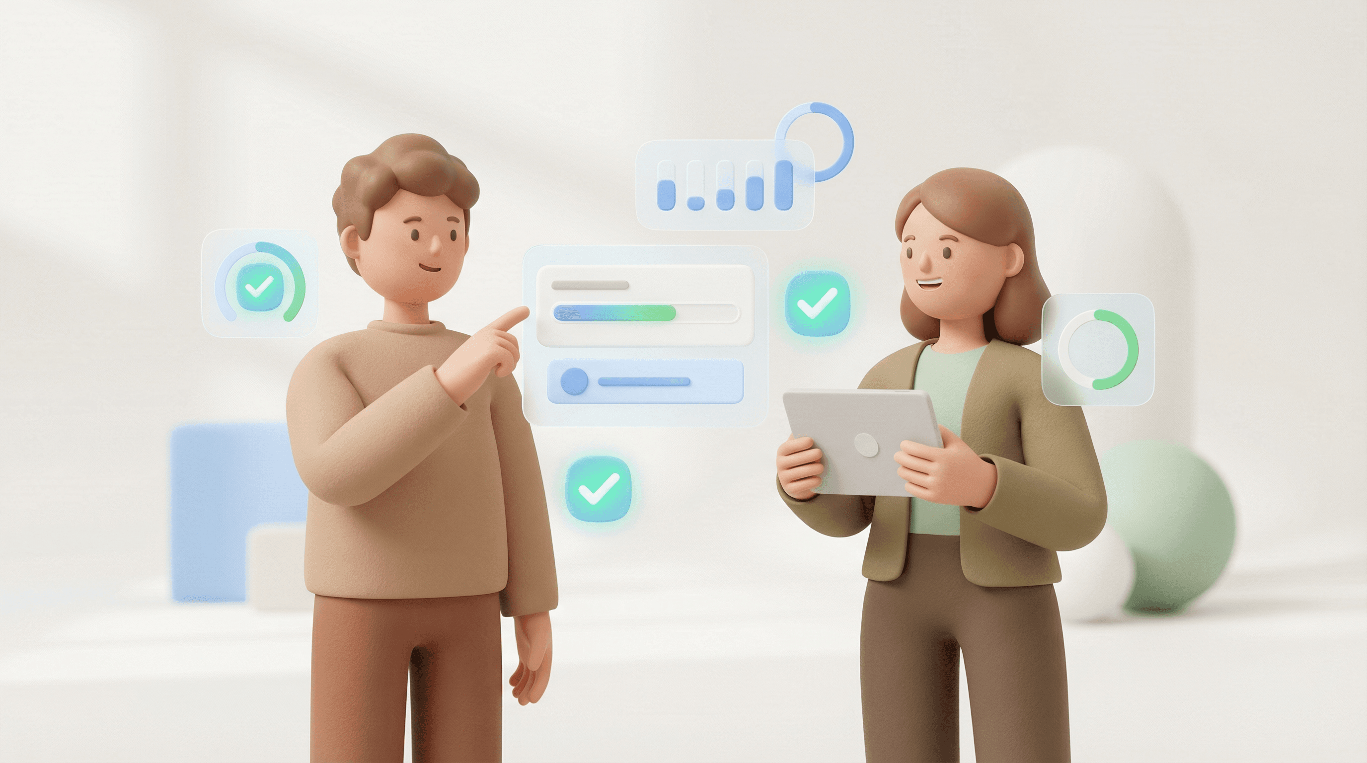 Soft 3D illustration of two people collaborating on habit tracking with progress widgets