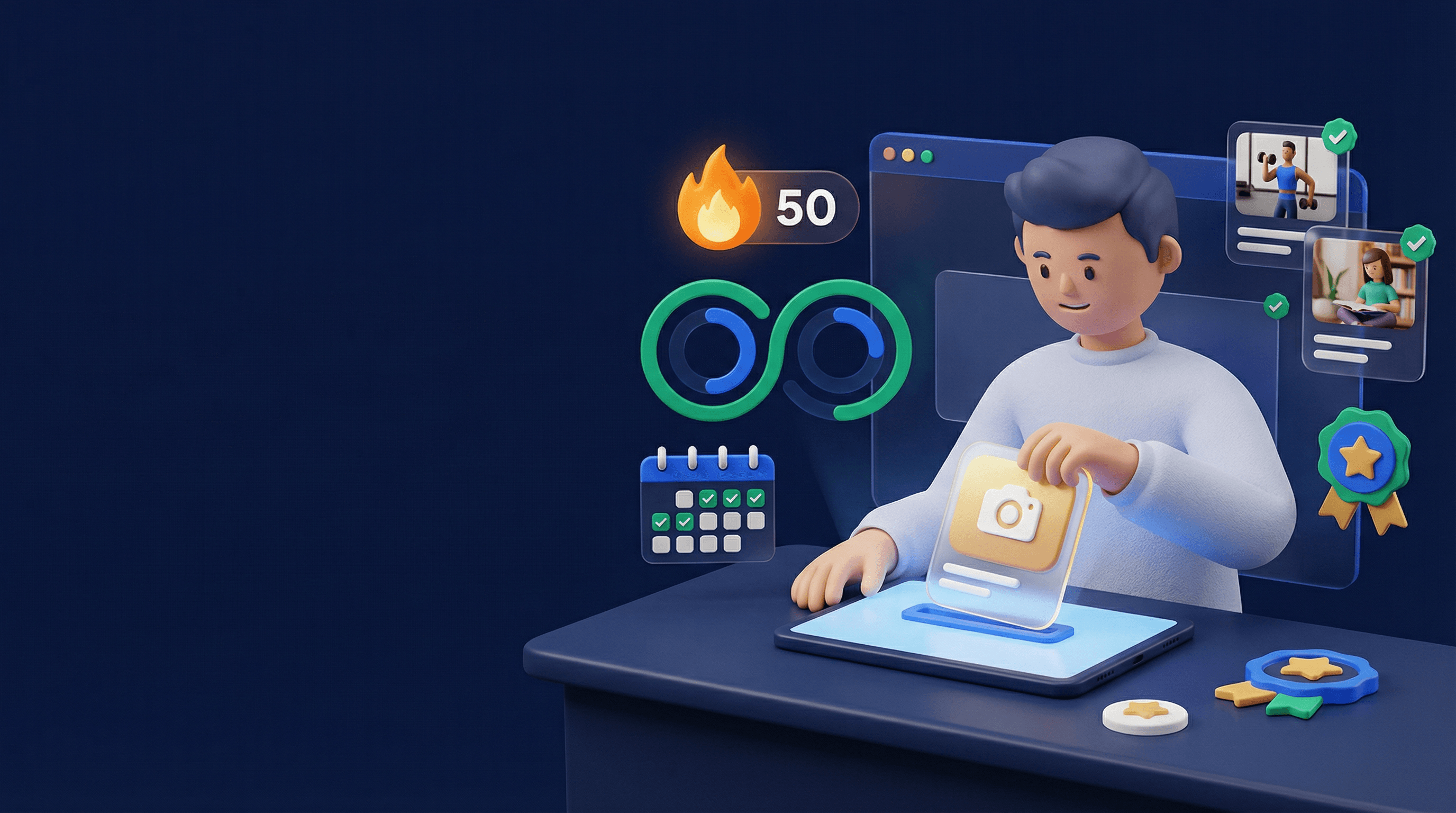Habit tracker with photo proof cards, streak counters, and check-in progress widgets