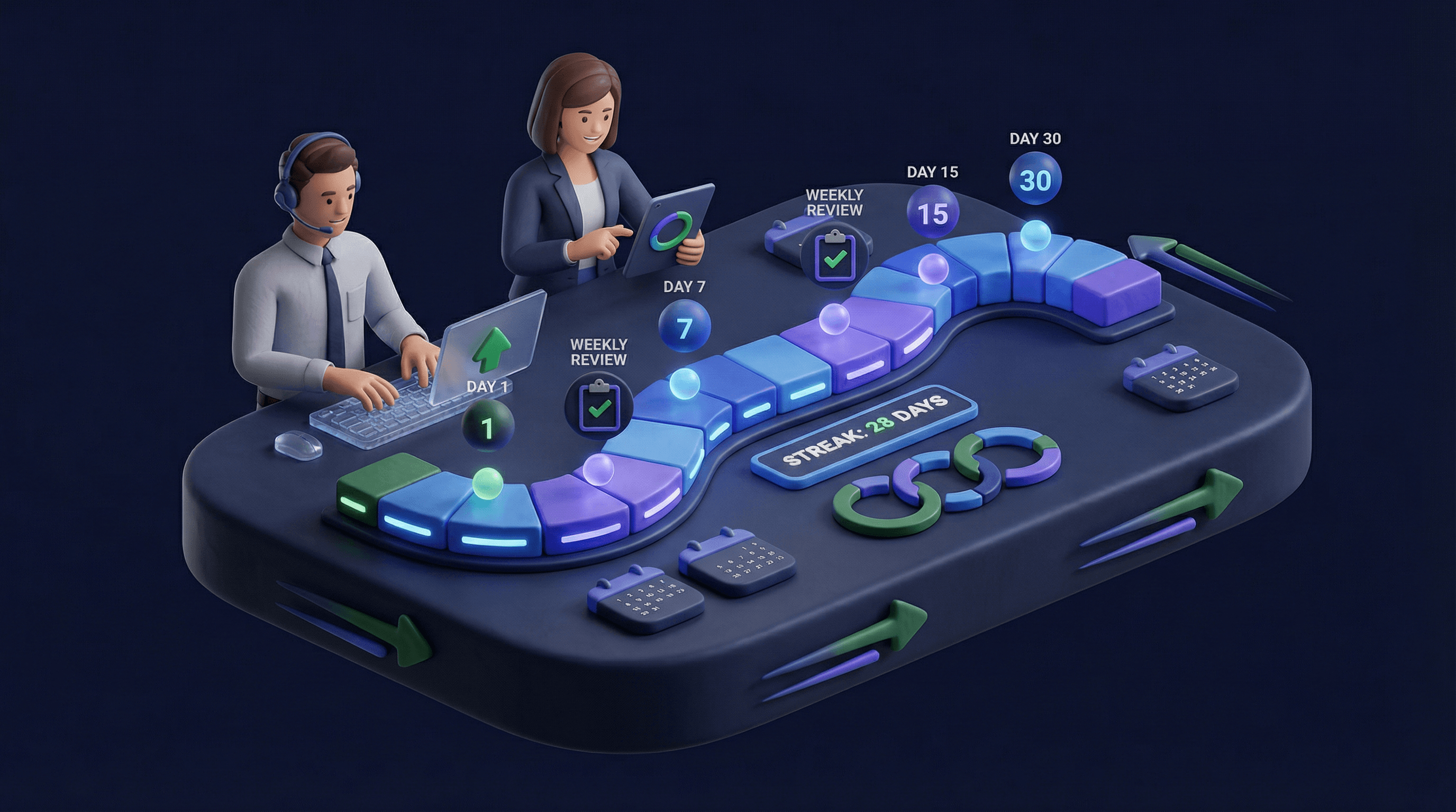 30-day sprint roadmap with accountability check-ins, progress milestones, and streak widgets