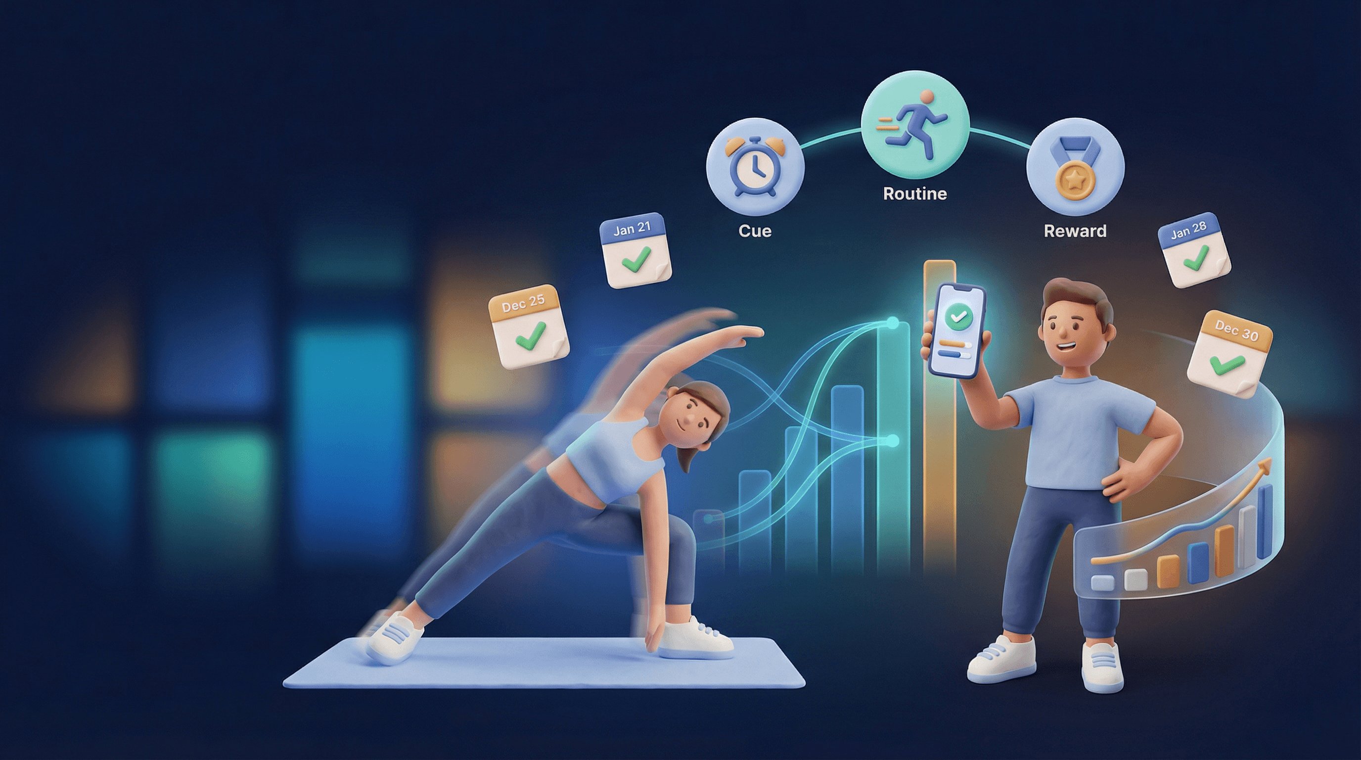 Editorial illustration of habit-building steps turning into neural pathways and progress charts