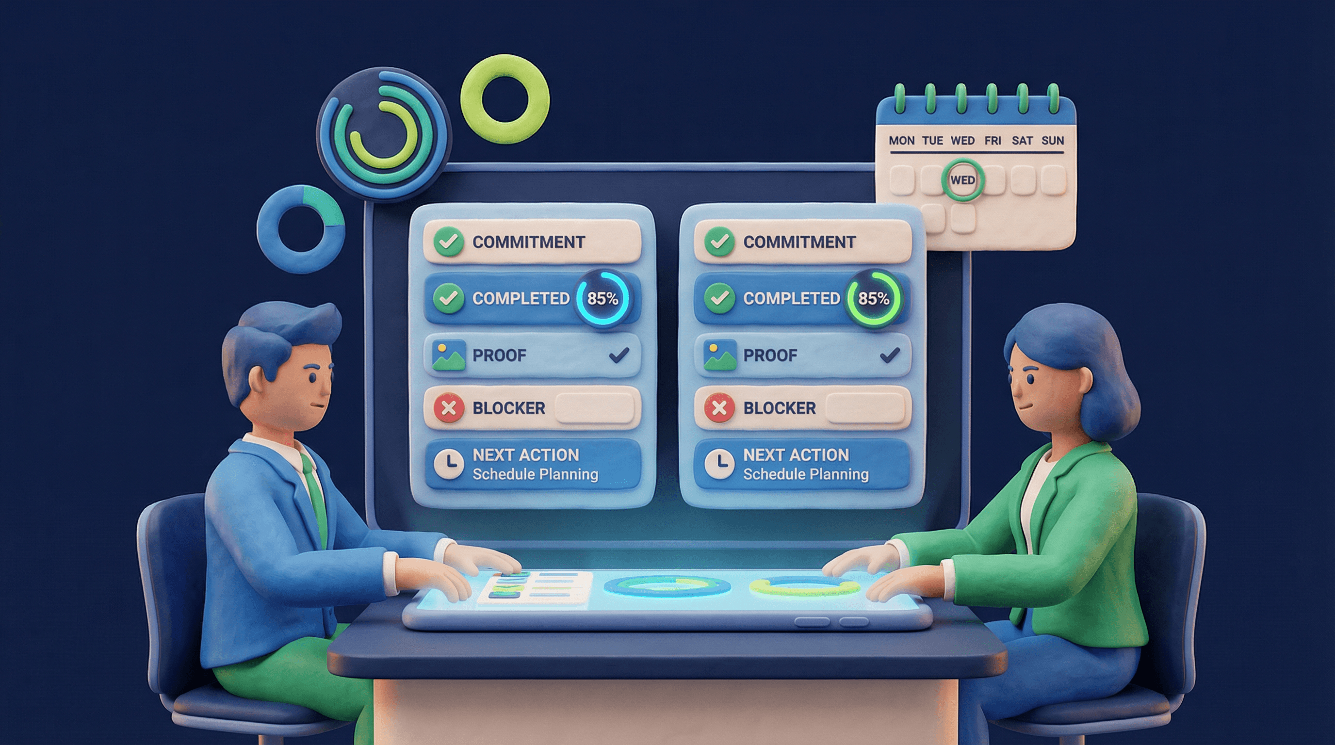 Two accountability partners reviewing structured check-ins