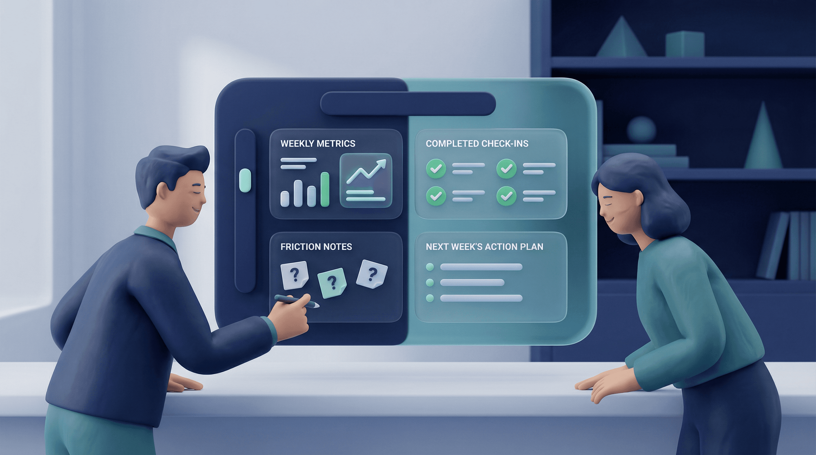 Weekly review board with milestones and progress charts